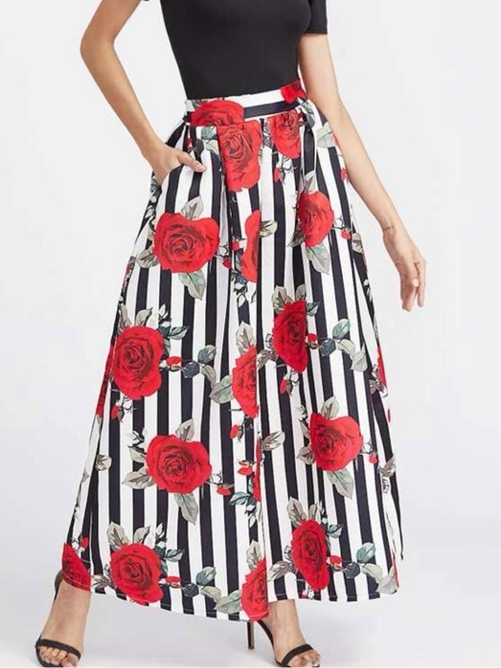 Women’s Black & White Stripe Midi Skirt with Red Rose Print